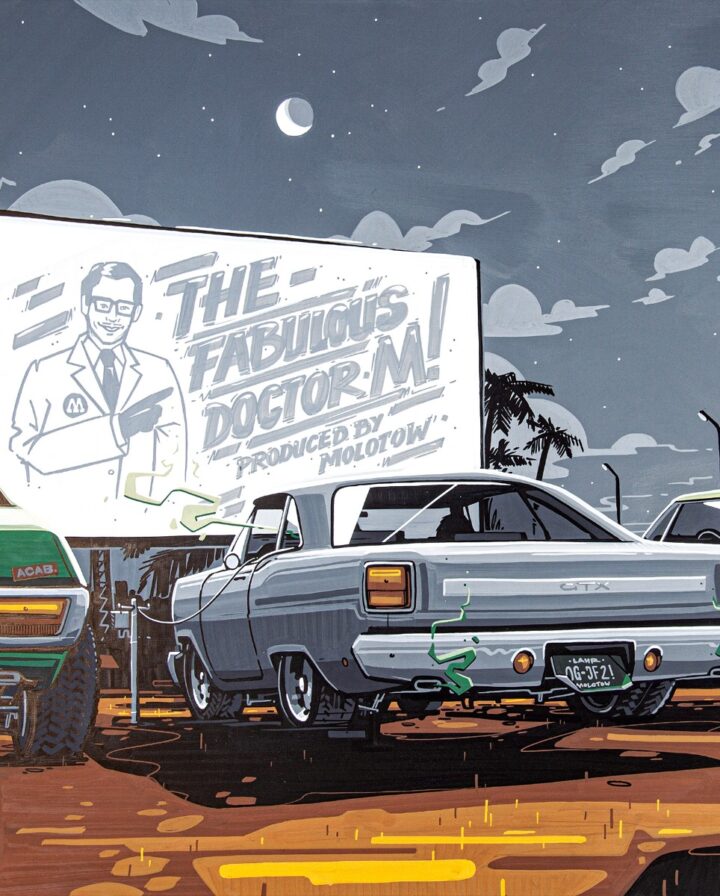 mit Acrylfarben erstelltes Artwork im Comic-Stil eines amerikanischen Autos im Autokino