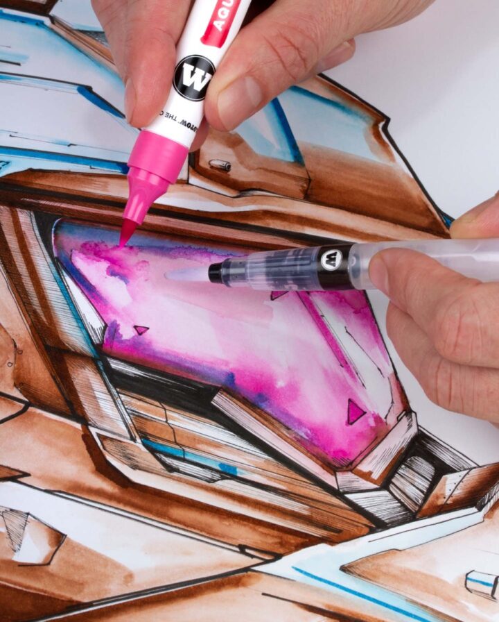 Wasserbasierter rosafarbener Stift malt ein Artwork aus, ein Pinselstift erzeugt Aquarell-Effekte und hellt auf