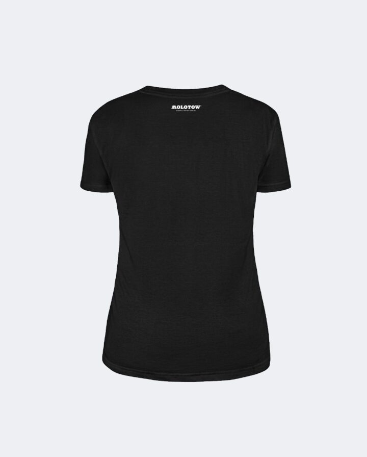 Foto von Rückenansicht eines schwarzen MOLOTOW Brand T-Shirts mit weißem Print im Nackenbereich als Girlie-Fit