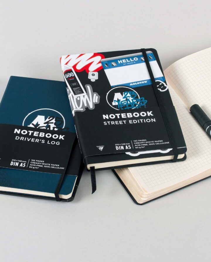 Foto von Notizbüchern verschiedener Art, mit einem aufgeschlagenen Notizbuch mit karierten Seiten, der Marke Molotow