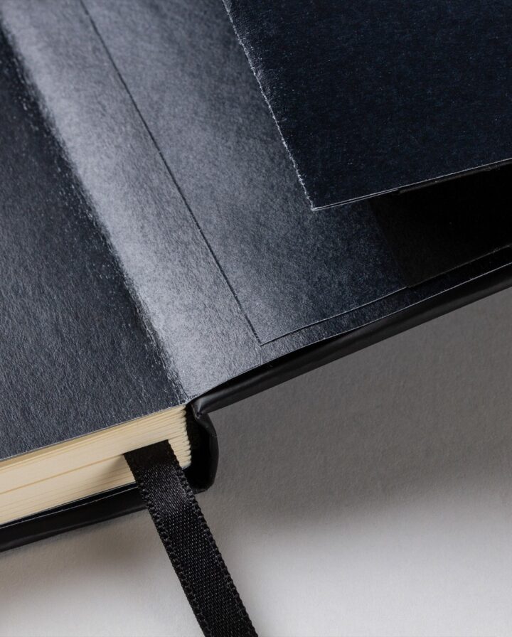 Detailfoto der Seitenkanten eines Notizbuches mit einem Lesebändchen, der Marke Molotow