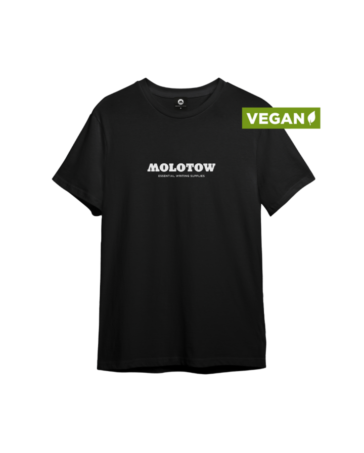 Veganes schwarzes T-Shirt aus Bio-Baumwolle mit weißem "Molotow Essential Writing Supplies" Aufdruck