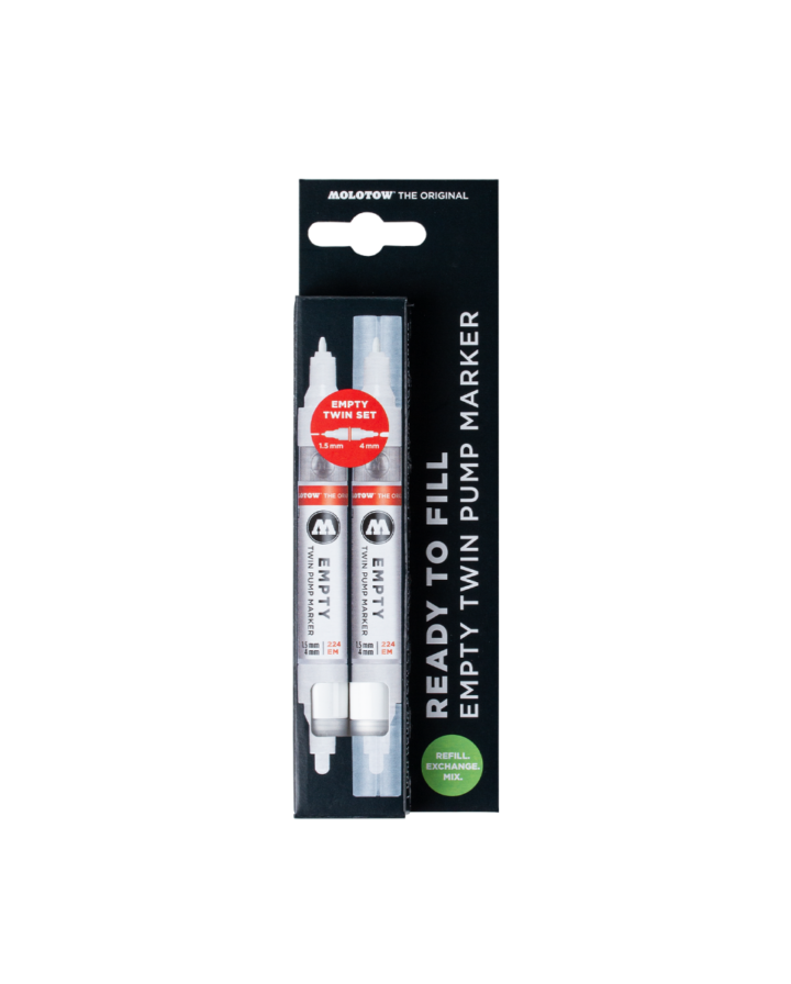 Foto von einem leeren Twinmarker Set aus Pappe in dem zwei leere Pump-Twin-Marker enthalten sind